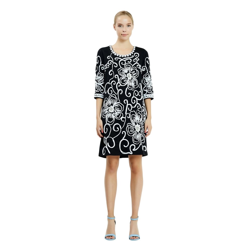 Floral Embroidered Crepe Shift Dress Black White 3/4 Sleeve Occasion Wear
